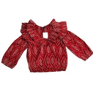 Zara Blouse Women's Small Red White Ruffle Neck Embroidered Eyelet Cutout Top
